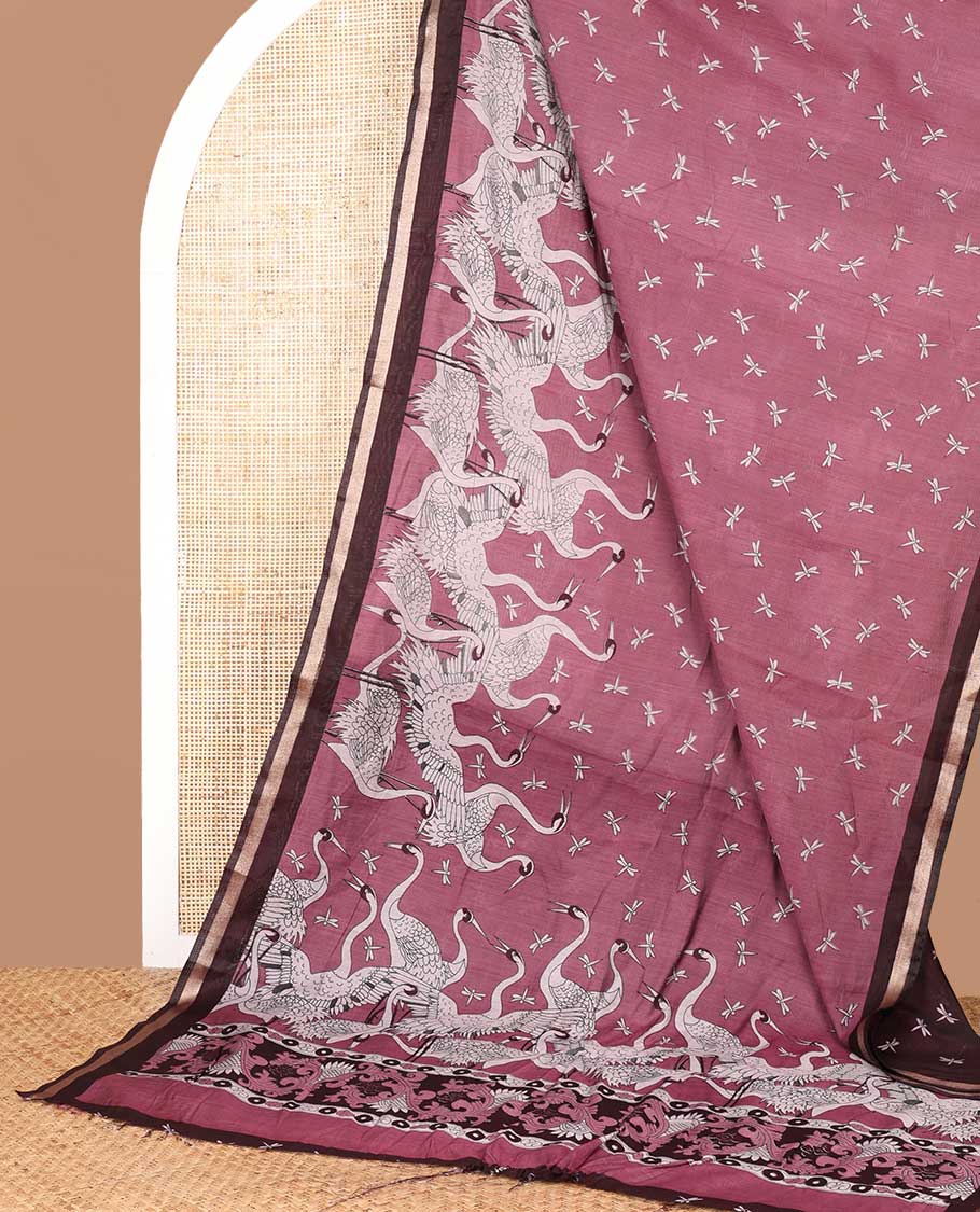Pink drangon fly, creane digital print muslin cotton saree with zari border & printed pallu along with dragon fly printed blouse