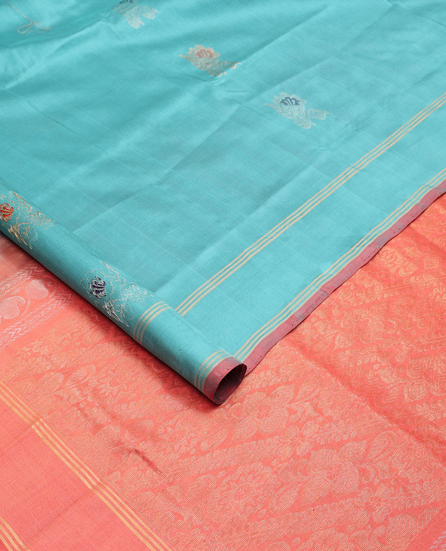 Light blue floral design uppada saree with self striped border & floral design pallu