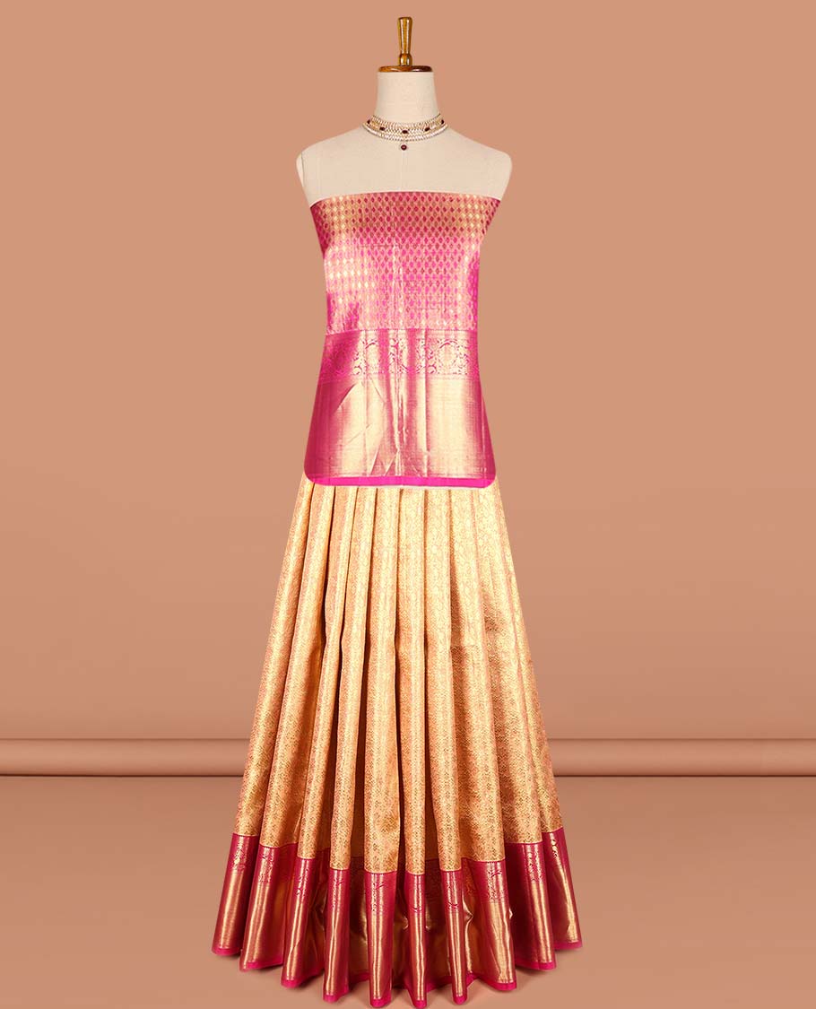 Sandal floral jacquard pure silk half saree with contrast zari design border, zari design blouse & floral zari design dhavani
