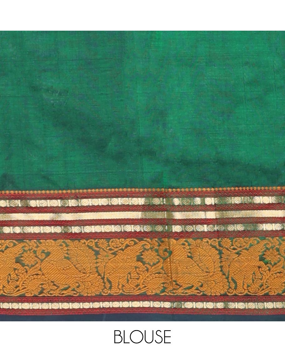 Green checked design cotton silk saree with contrast striped design border & intricate zari design pallu