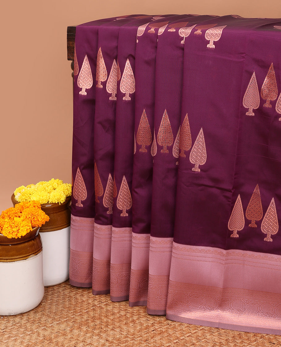Wine copper zari butta litchi soft silk saree with contrast double pad border & zari butta blouse