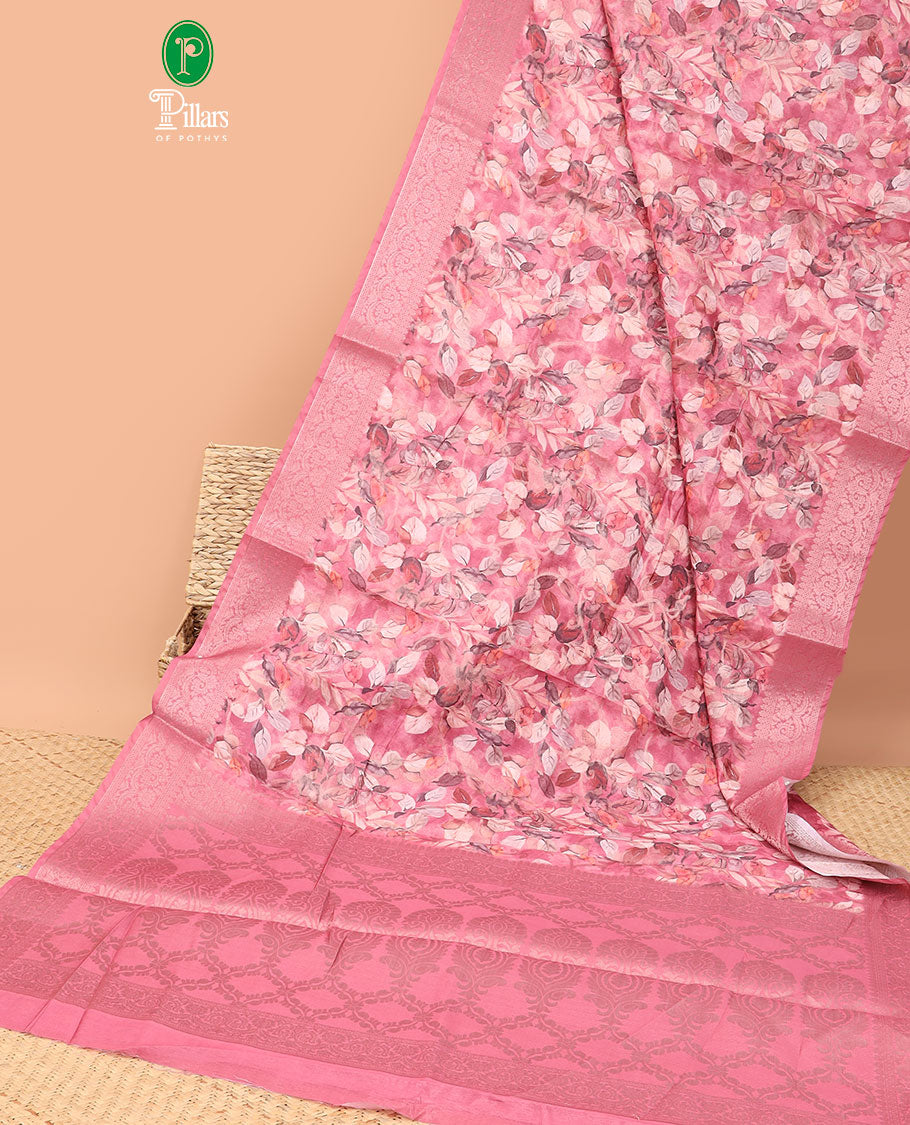 Pink digital floral print with copper zari weaving design semi dupion silk saree , contrast zari jacqaurd border & contrast weaving rich pallu, printed blouse