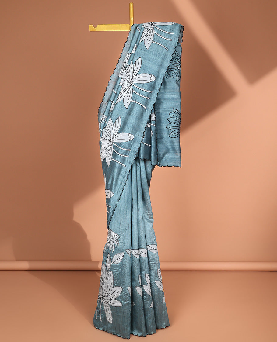 Blue all-over lake inspried design tussar saree with scallop border