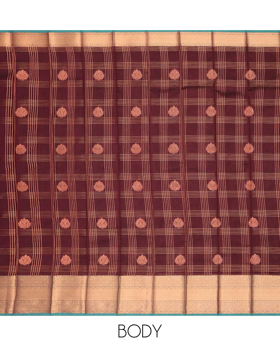 Maroon checked, floral kora cotton saree with contrast zari design border & intricate zari design pallu