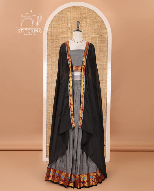 Grey mercerised cotton half-saree, plain & contrast paithani peacock border skirt, matching blouse & contrast plain zari border dhavani