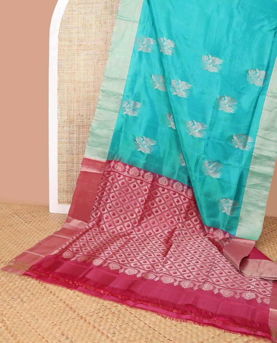 Light blue floral design uppada saree with self zari border & ogee, paisley design pallu