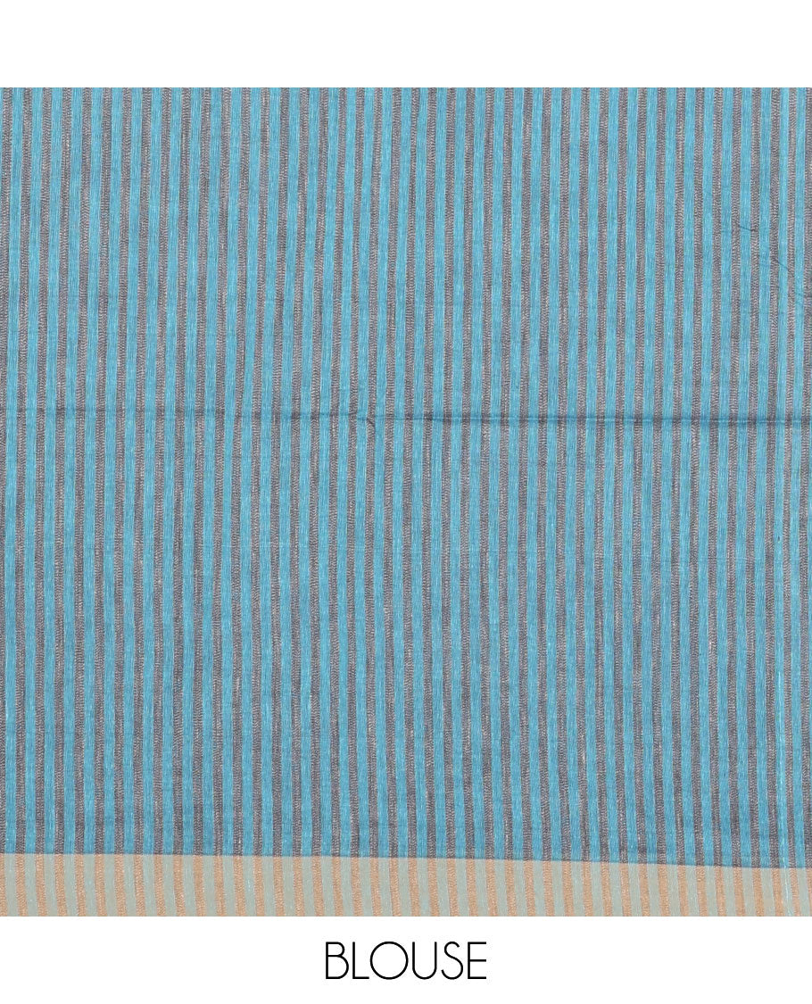 Blue jute cotton saree with contrast piping border & lining pallu along with contrast lining blouse