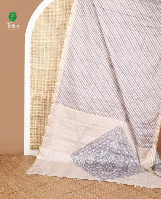 Grey geometrical block print fancy tussar saree with zari diamond thread woven border & block print pallu along with printed blouse