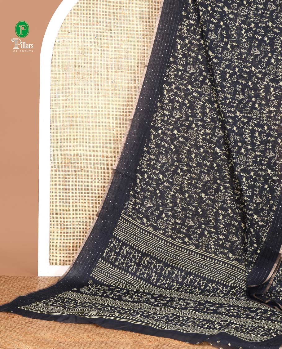 Grey worli printed soft mercerised cotton saree with sequins work border & printed pallu along with butta design blouse