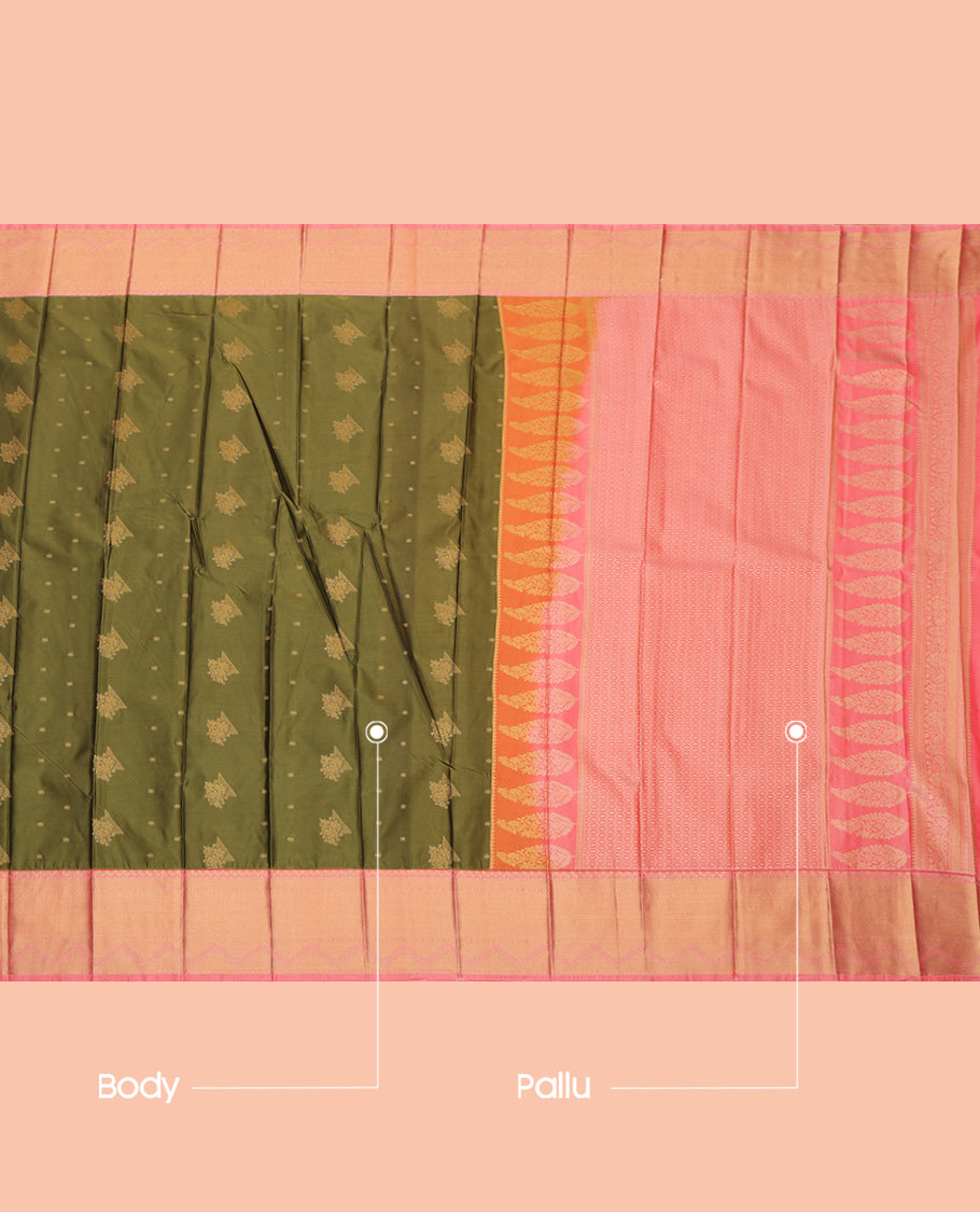 Green Budget Silk Saree, Elevated with Zari Buttas, a Contrast Traditional Zari Border, Grand Pallu, and a Contrast Blouse
