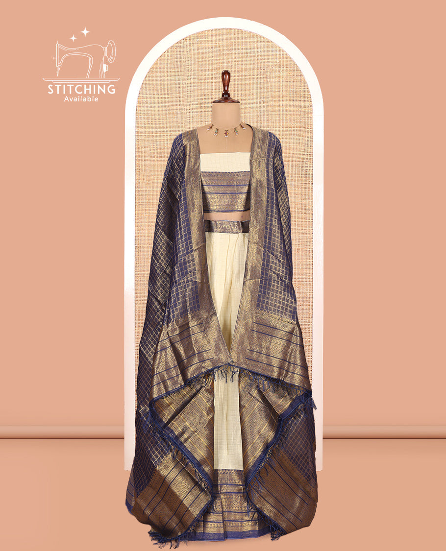 Cream-Navy Blue Semi-Silk Half-Saree
