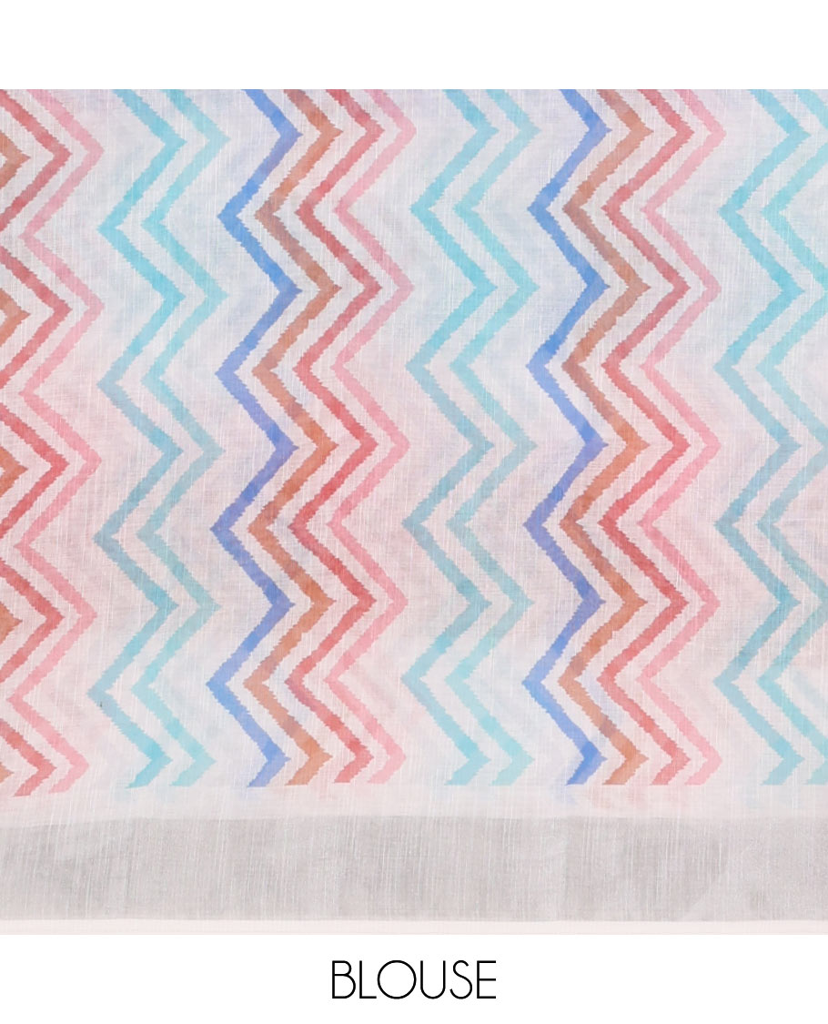 Multi-hue striped linen saree, zari border, multi-hue striped fancy pallu & colorful chevron striped blouse