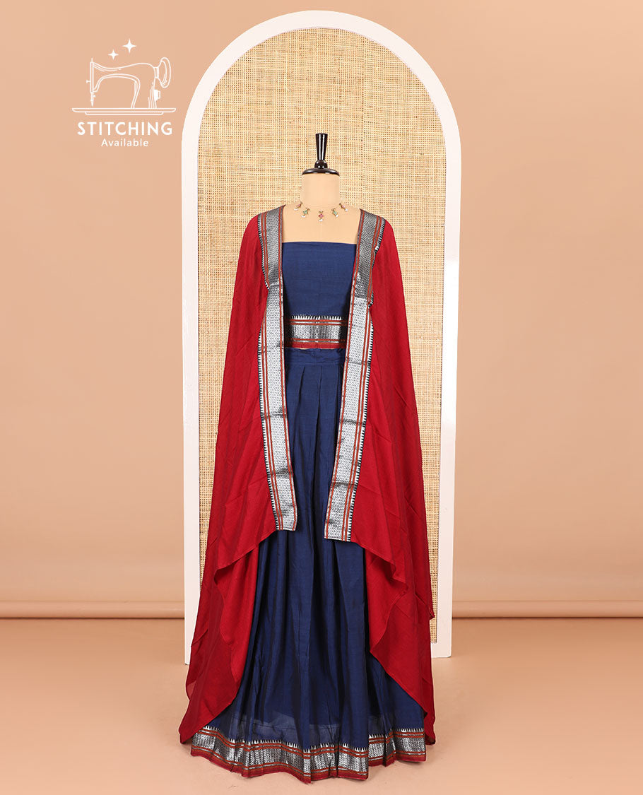 Navy blue half-saree, plain with contrast traditional zari border skirt, matching blouse and a contrast zari border dhavani