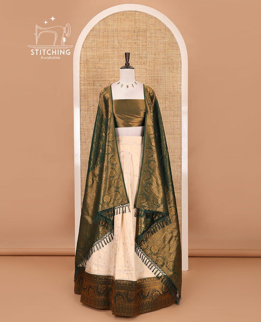 Cream-bottle green half-saree, zari jacquard & contrast traditional zari border banaras softy skirt, semi-banaras jacquard blouse & contrast zari design blouse