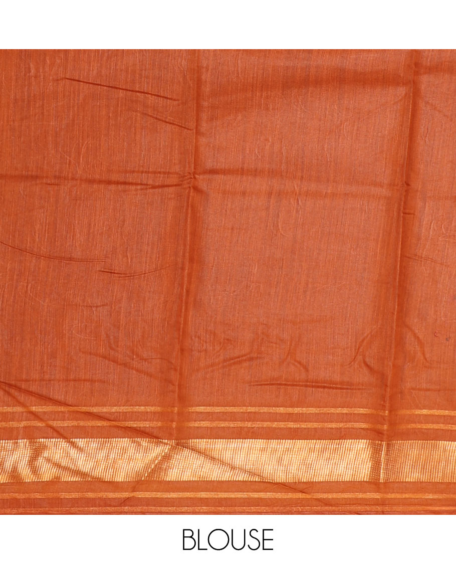 Grey with orange plain & elephant motifs printed soft-tussar saree, contrast zari border, pallu of elephant & geometric print & plain blouse