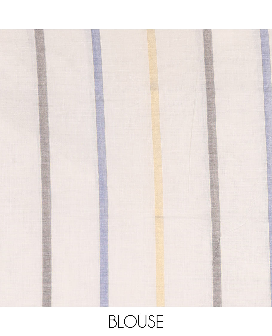 Borderless cream-purple vertical striped Kerala cotton saree, ragkat style pallu, and running blouse