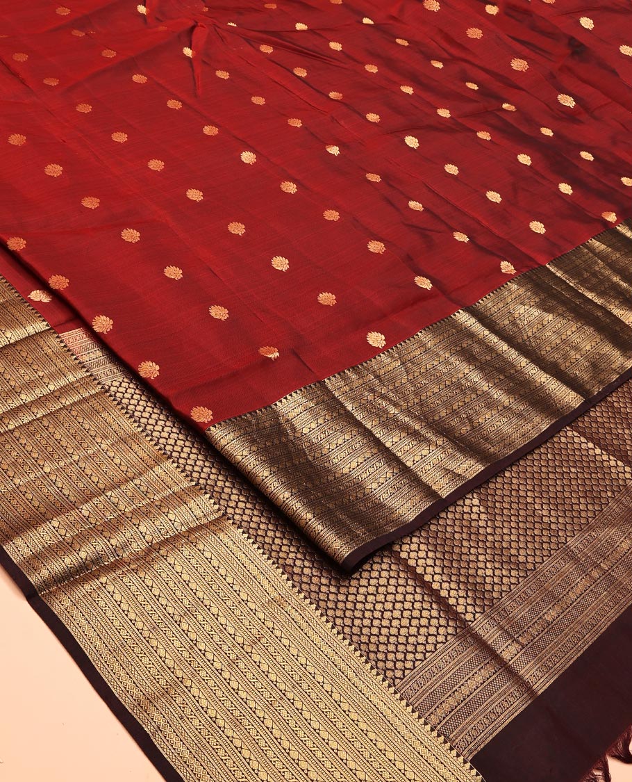 Wine and Maroon Vasundhara Lite Silk Mix Saree, Elevated with Zari Buttas All Over Its Body, Complemented by Contrast Border of Thilakam, Muthu, Banaras, Diamond, Mayil Kann, and Cross Kamalam Designs, Grand Pallu, and Paired with a Contrast Blouse