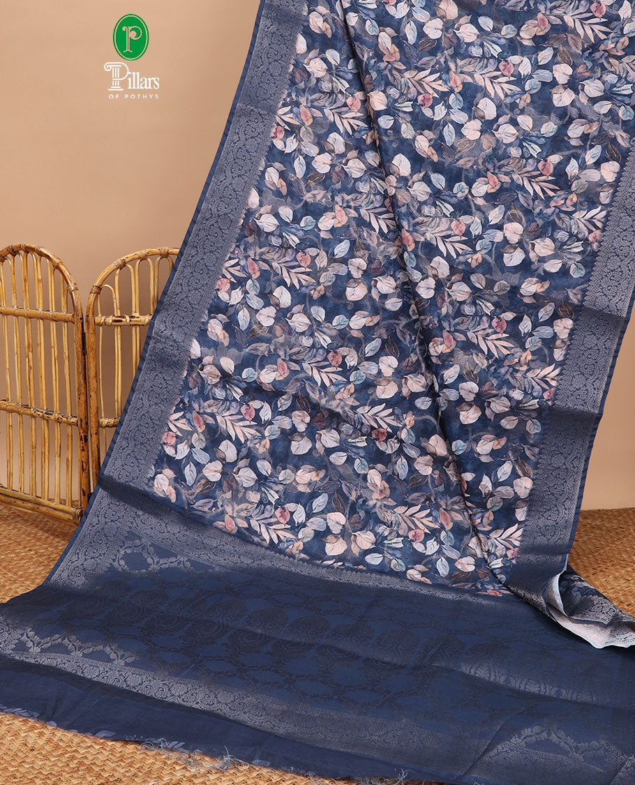 Grey floral digital print semi-dupion saree with self zari weaving border