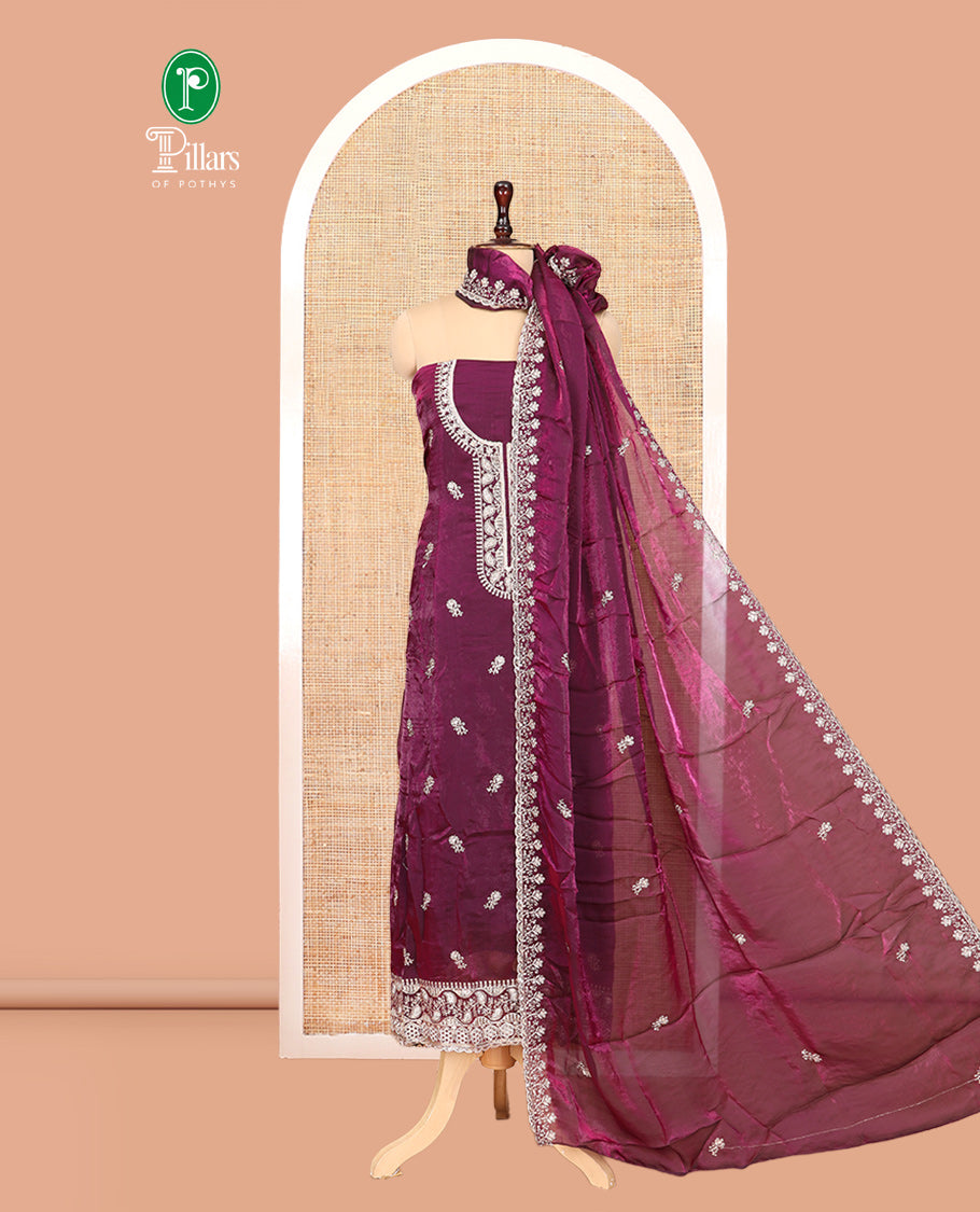Dark Purple Fendi Organza Material Churidar Features Embroidered Top, a Santoon Bottom, a Scallop Embroidered Dupatta