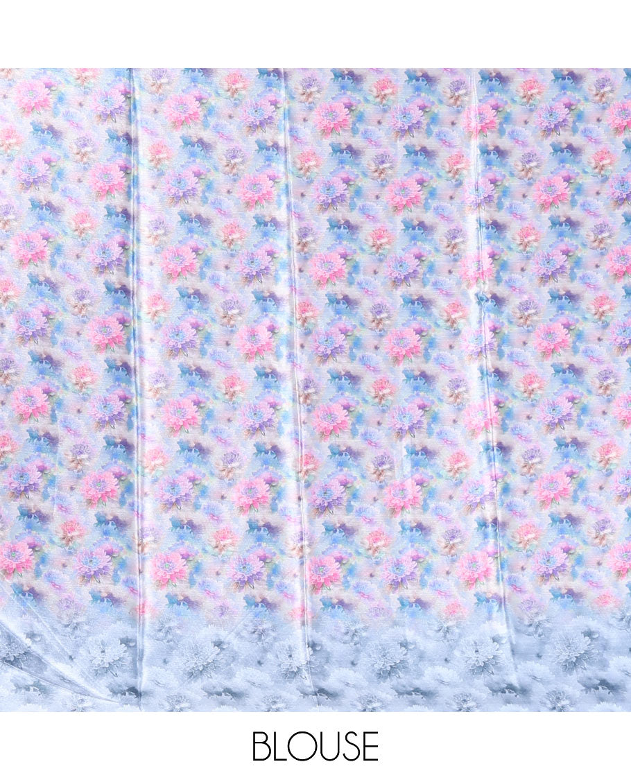 Blue colorful, floral printed turkey crepe saree, floral printed border, pallu, and contrast flower motifs printed blouse