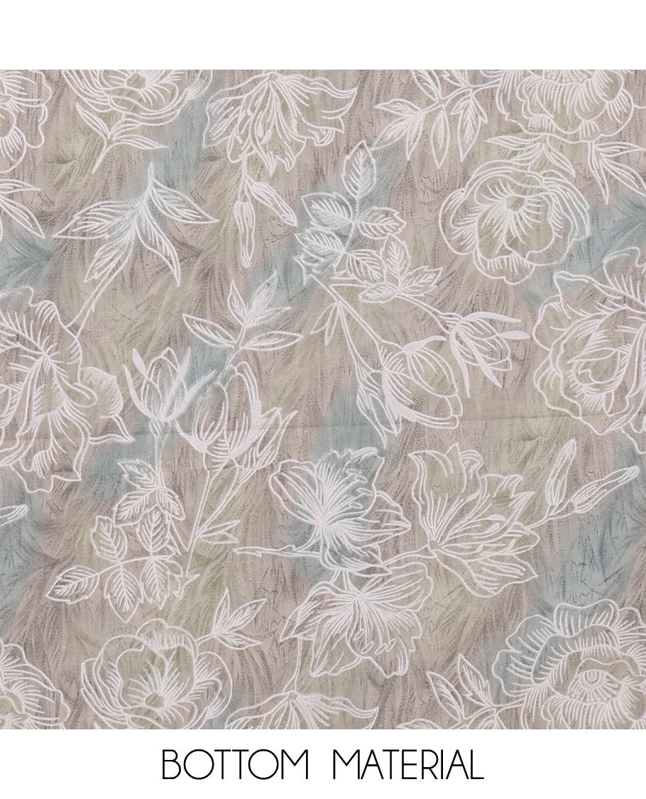 Ash chudidar material set, shibori-print & floral vine chikankari embroidered top,printed cotton bottom & floral chikankari embroidery chiffon dupatta