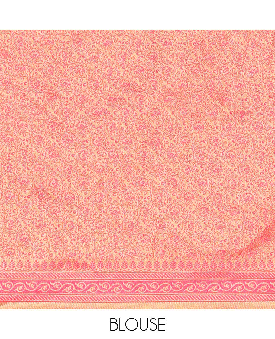 Blue floral printed art silk half saree, contrast traditional design border, jacquard blouse & intricate dhavani