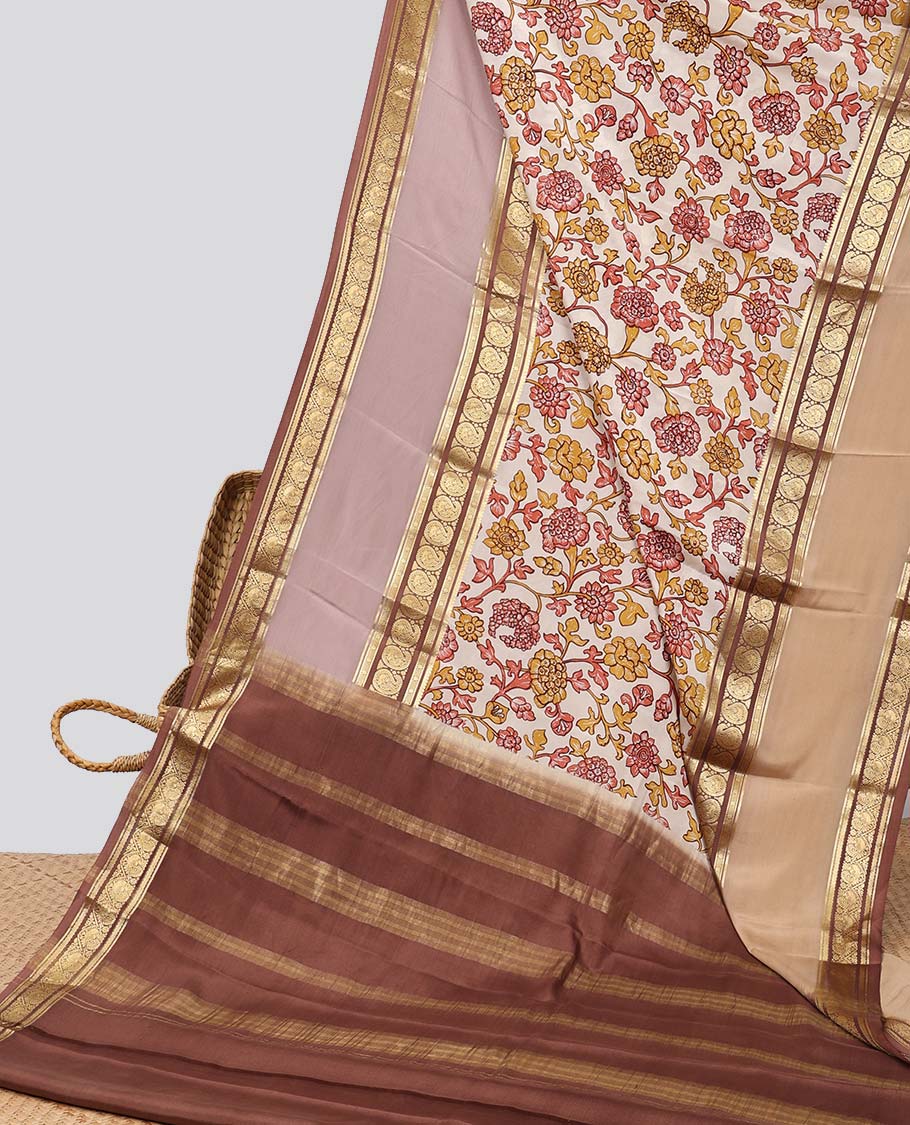 Cream floral vine design mysore silk saree with contrast traditional border & striped zari pallu