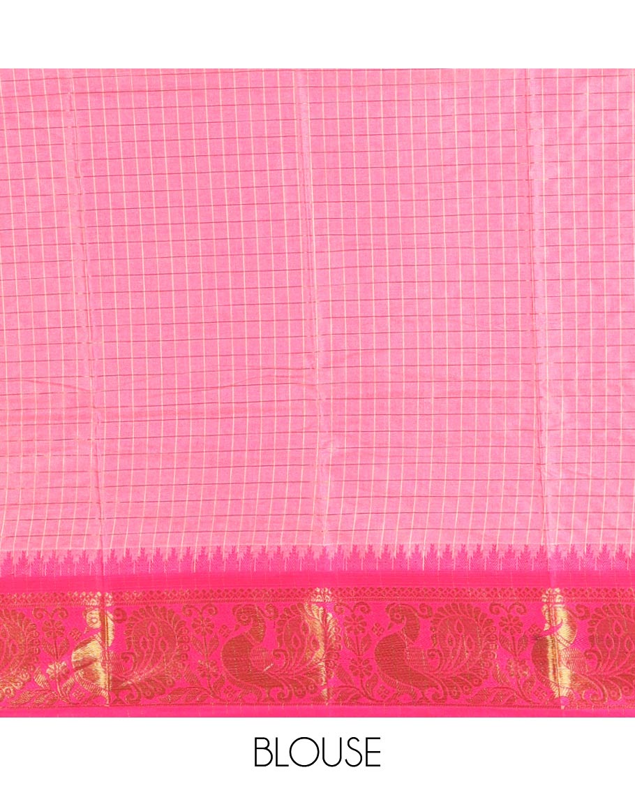 Half-white zari checked semi-taffeta silk saree, contrast rani pink annam motifs woven temple border, striped pallu & contrast striped zari border blouse