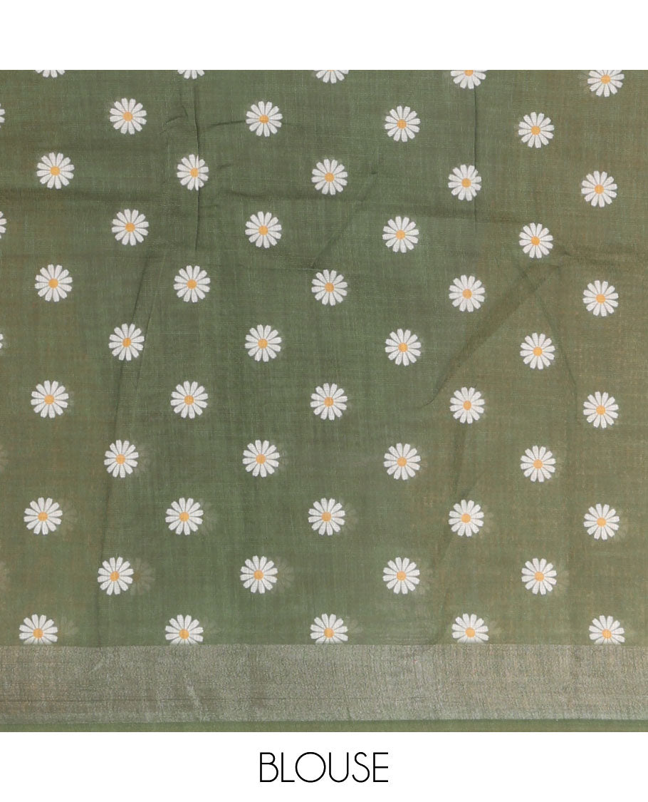 Olive green sunflower motif printed linen saree, silver zari plain border & small sunflower motif print blouse