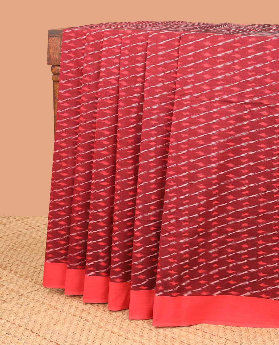 Maroon ikkat style floral striped design cotton saree with contrast border & ikkat style design pallu