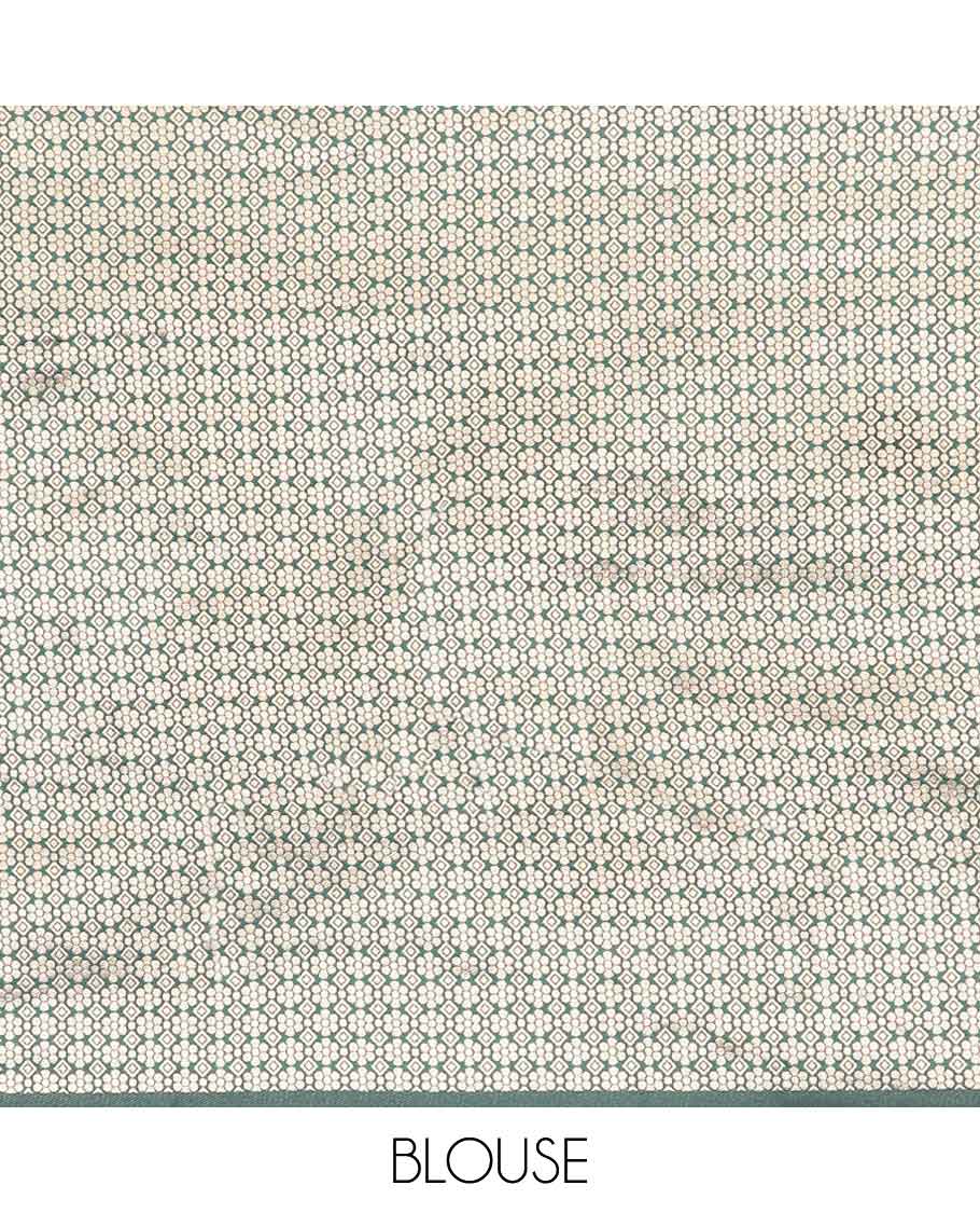 Cream buttas half saree with contrast zari design border, zari design blouse & green floral vine zari design dhavani