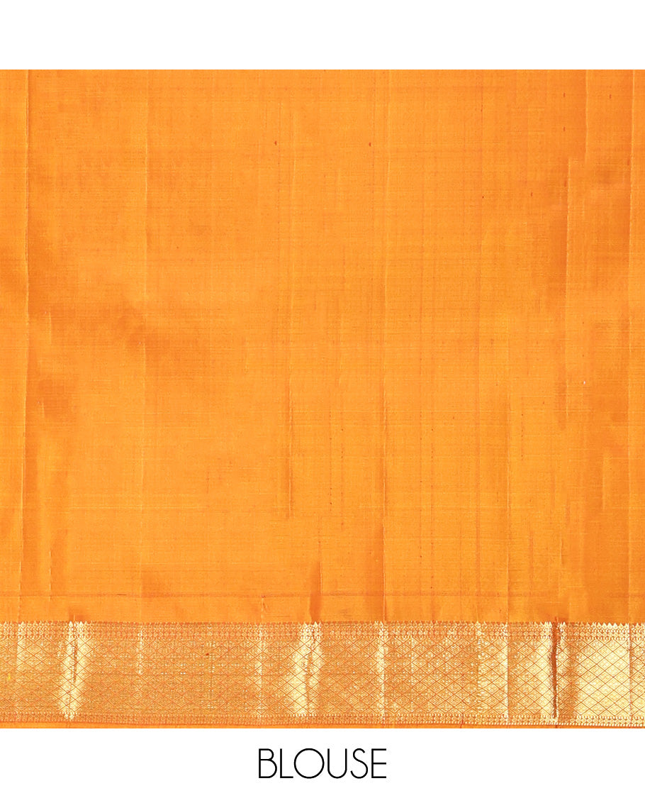Red Parampara Silk Saree, Subtly Sparkled With Geometric Embossed Patterns in Its Body, Highlighted by Contrast Jaal Design Zari Border, Pallu of Mayil Kann and Yaali Designs , and Paired with a Contrast Blouse