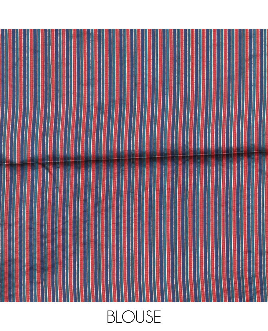 Peacock color thread buttas woven jute cotton saree, multi-color temple border, striped pallu, and a matching striped blouse