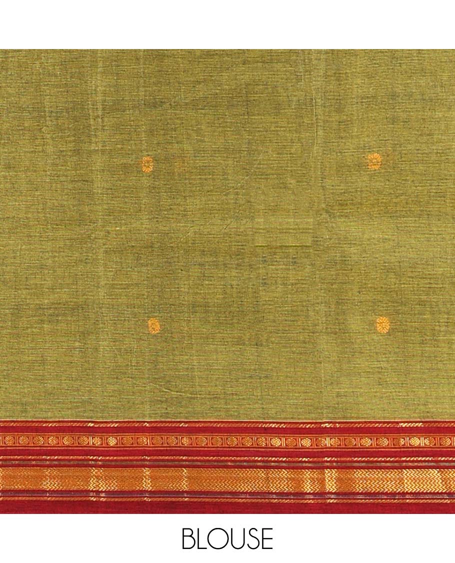 Green buttas Narayanapet cotton saree, contrast zari border & striped pallu