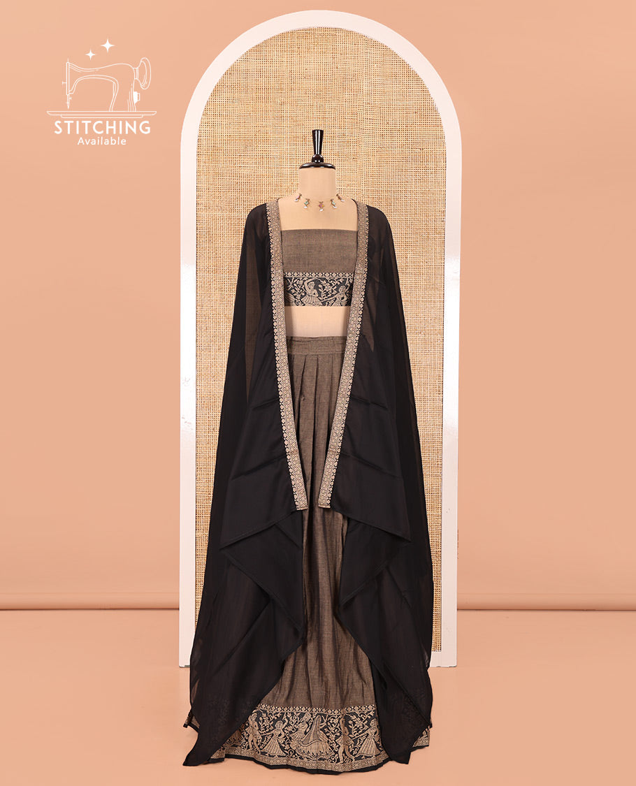 Chikku and Black Mercerised Cotton Half-Saree Set, Plain with Dancing Figurines Woven Bordered Skirt, Paired With a Matching Blouse, and Comes with a Contrast Dhavani