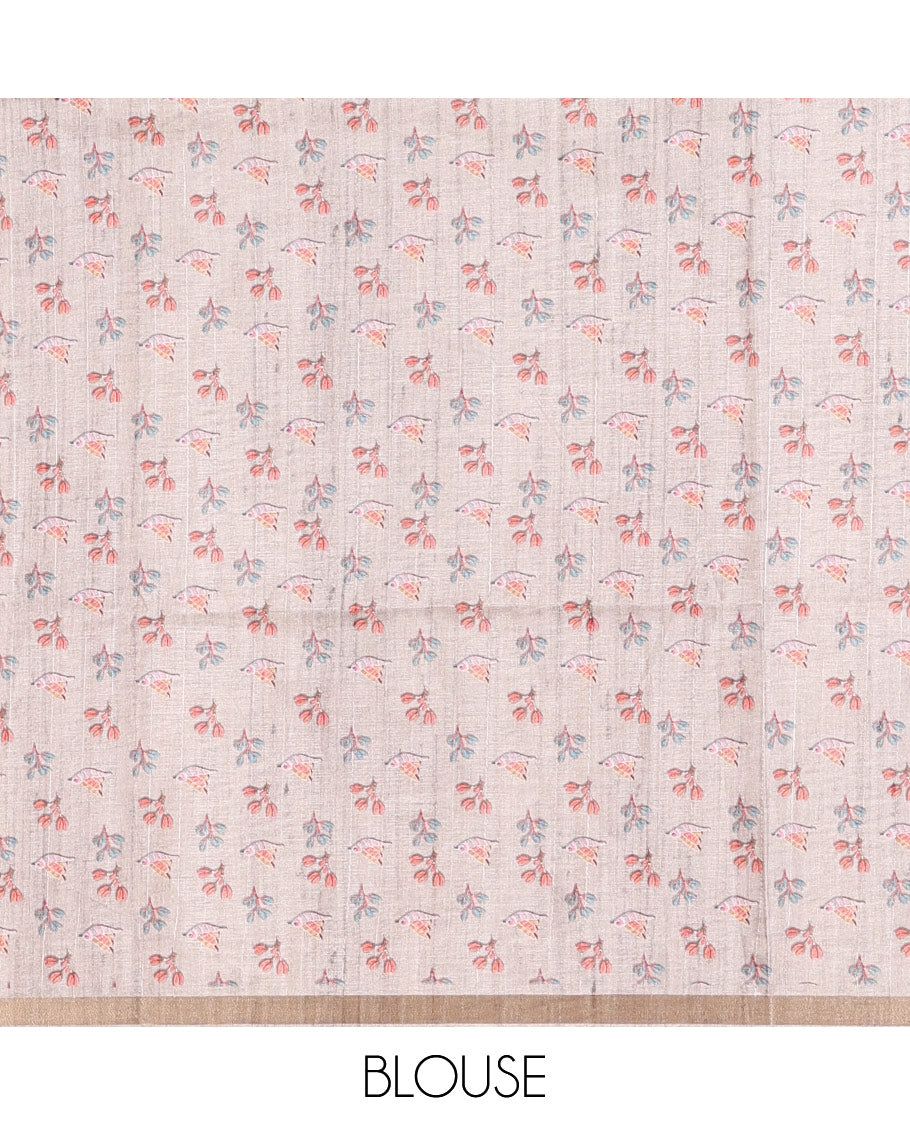 Pink Madhubani painting style deer and sparrow motifs printed semi-tussar silk saree, contrast temple border, Madhubani style pallu, and contrast bird and floral buttas printed blouse