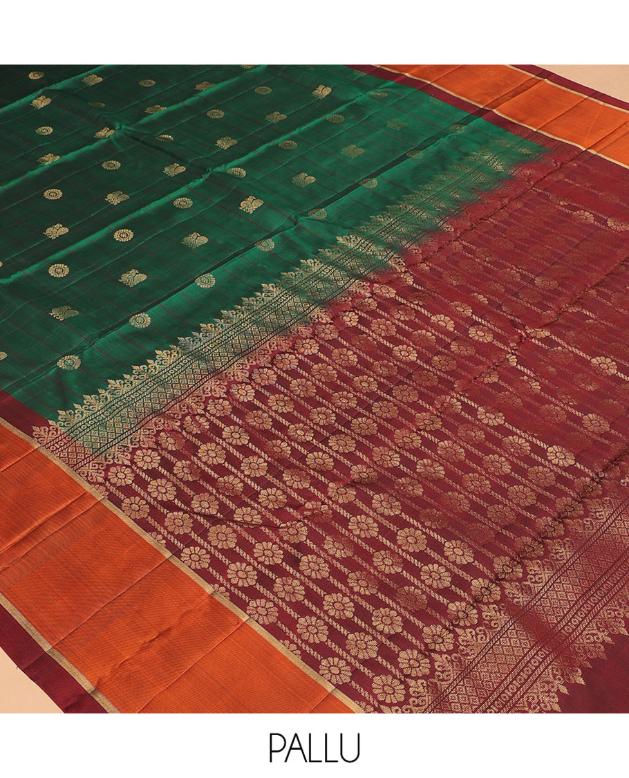 Green Mayuri Lite Silk Mix Saree, Richly Detailed with Mayil-Chakram Buttas and Stripes, Contrast Mayil-Chakram Border, Grand Floral Pallu, and a Contrast Blouse