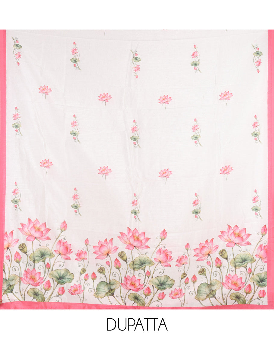 Cream-Pink Semi-Silk Material Chudidar, Lotus Printed Top, Matching Bottom, Lotus Printed Dupatta