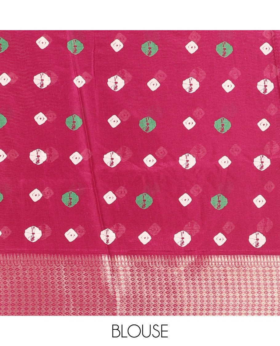 Maroon shibori printed dola silk saree, traditional zari border, printed pallu, and blouse of print, and zari work