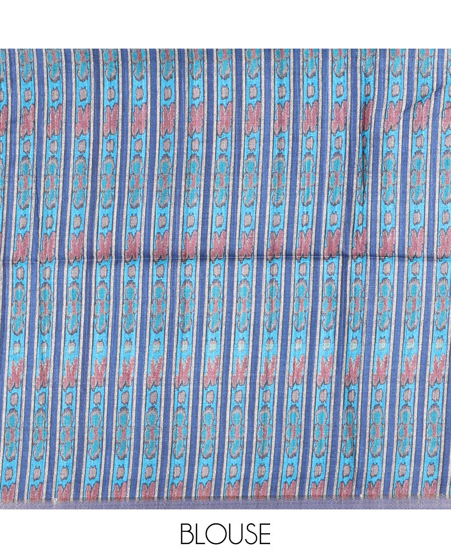 Dark blue Radha motifs printed katan silk saree, contrast temple border, ikkat motifs woven pallu, and contrast printed pallu