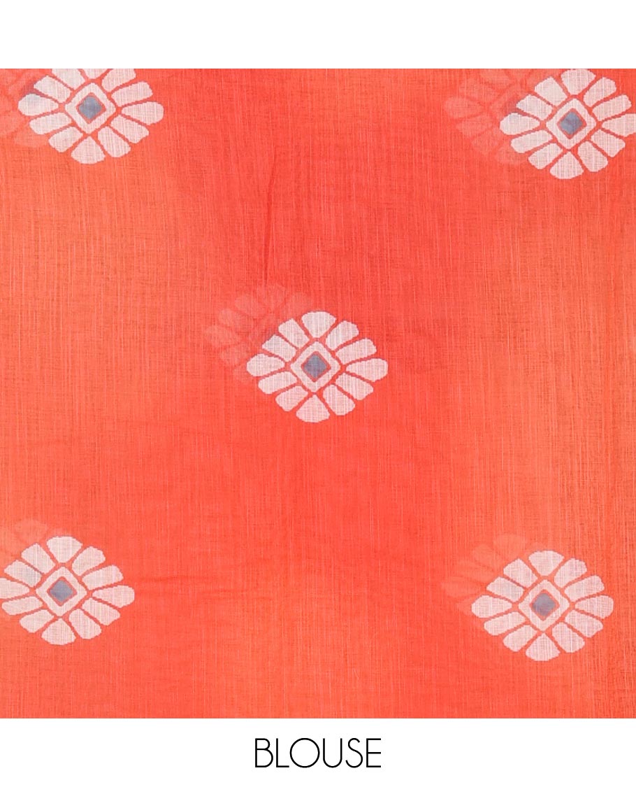 Borderless white tree-style motifs digital printed linen cotton saree with contrast printed blouse