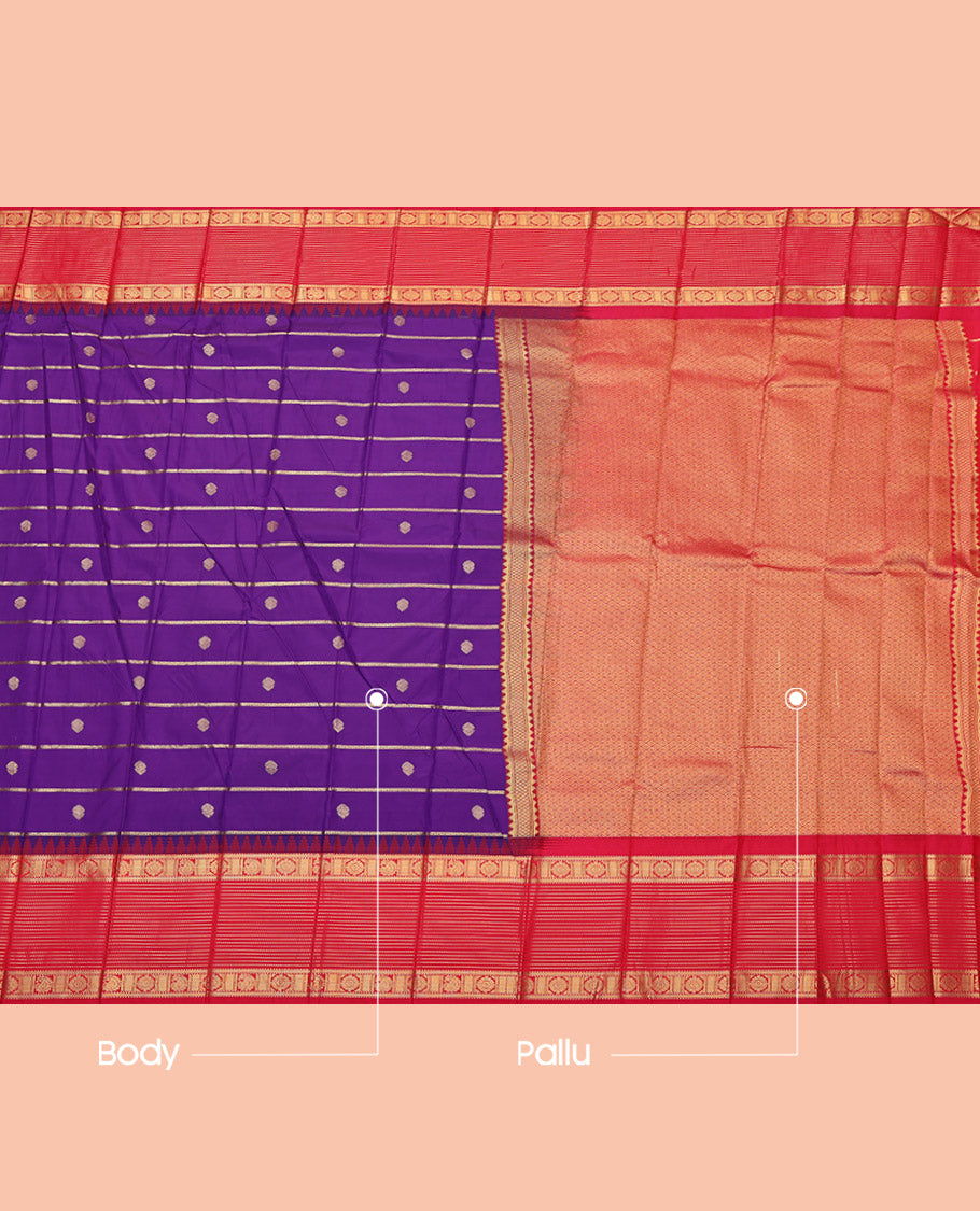 Violet Budget Silk Saree, Elevated with Zari Buttas and Stripes, Complemented by Contrast Traditional Zari Border, Grand Pallu and a Contrast Blouse