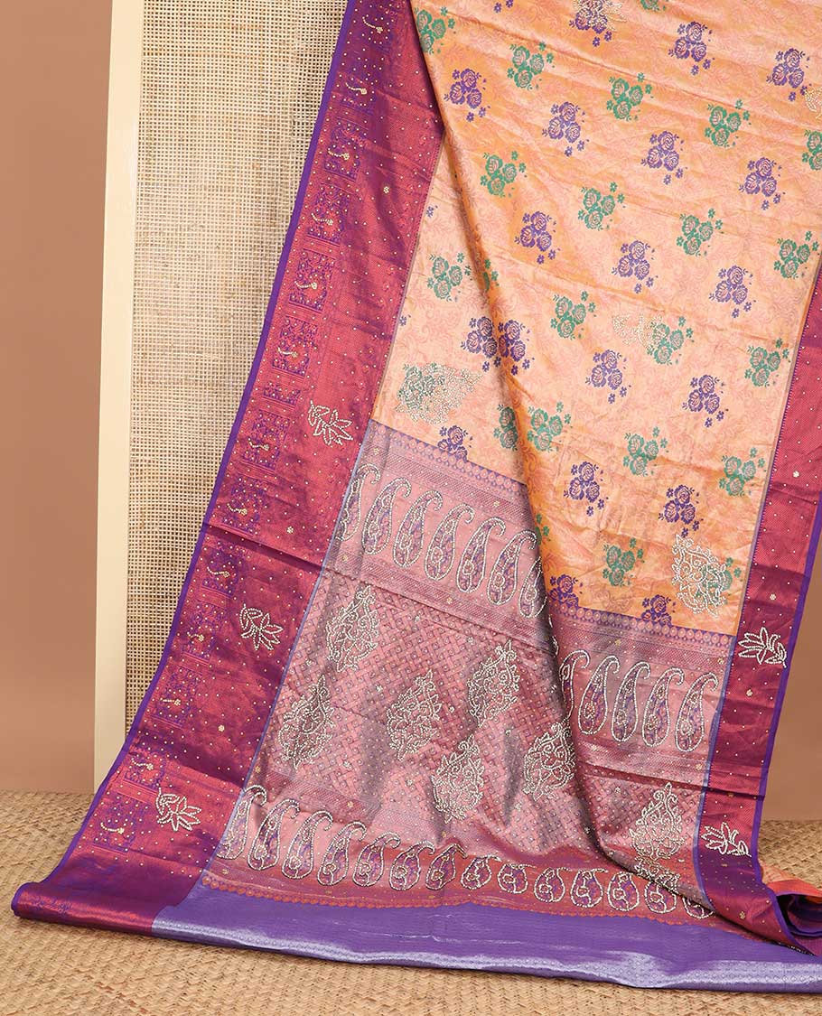 Orange vastrakala silk saree floral design with contrast floral, stone work border & floral design in stone work pallu
