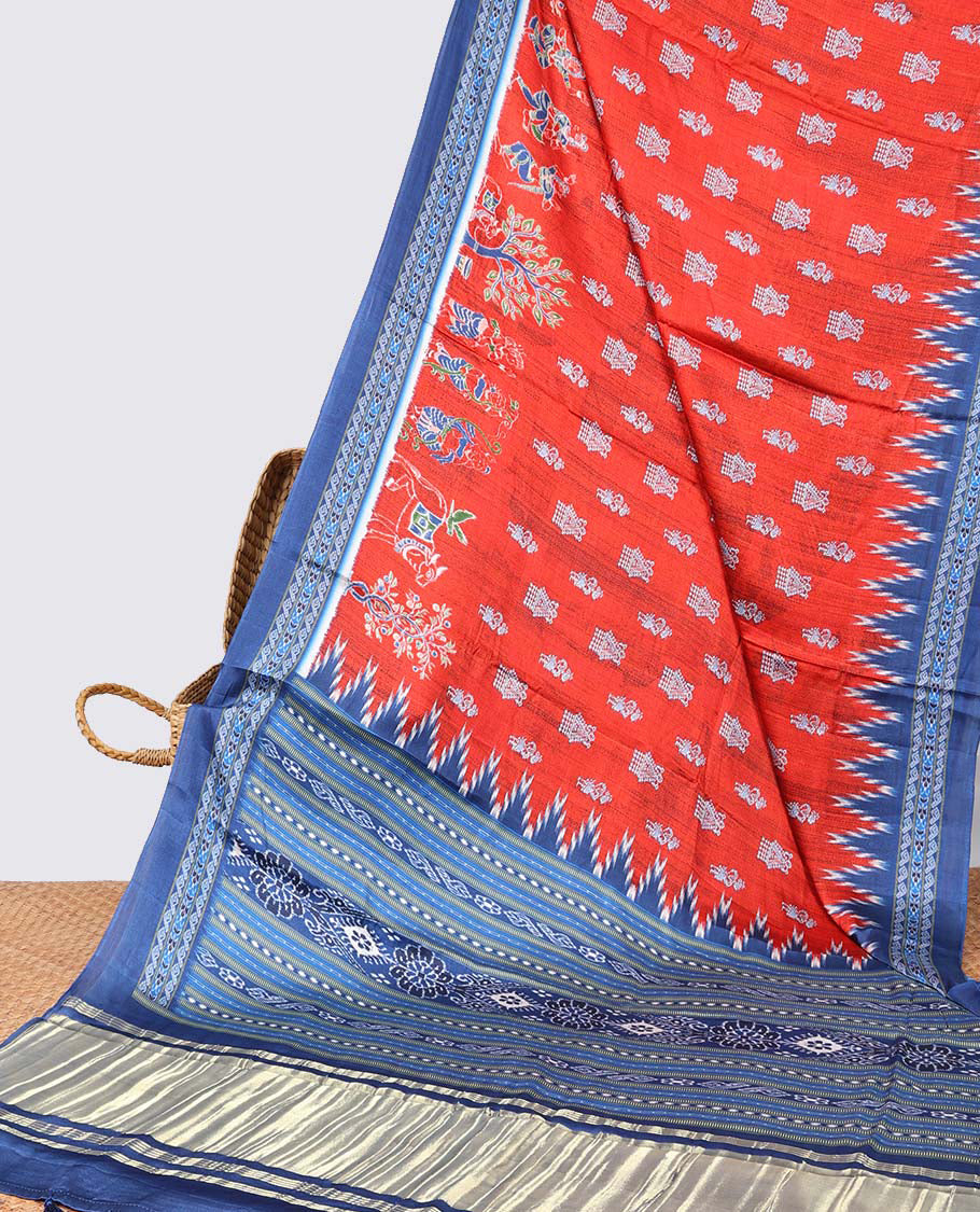 Red motifs semi-banaras printed saree with contrast pichwai border & geometric,floral design pallu