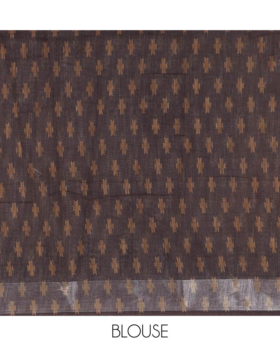 Chikku peacock motifs printed linen cotton saree, zari temple border, floral butta enclosed jaal printed pallu, and contrast buttas blouse