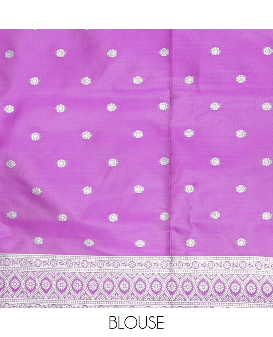 Blue small zari buttas woven elite soft silk saree, contrast zari woven scallop satin border, jaal pallu, and a contrast chakram zari motifs blouse