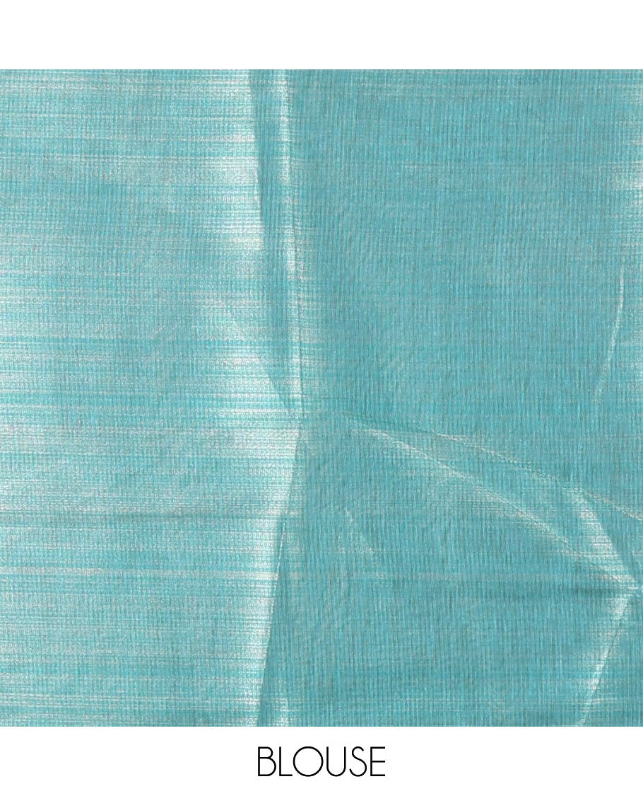 Borderless red big floral motifs printed tissue silk saree with floral printed pallu, and a contrast plain blouse