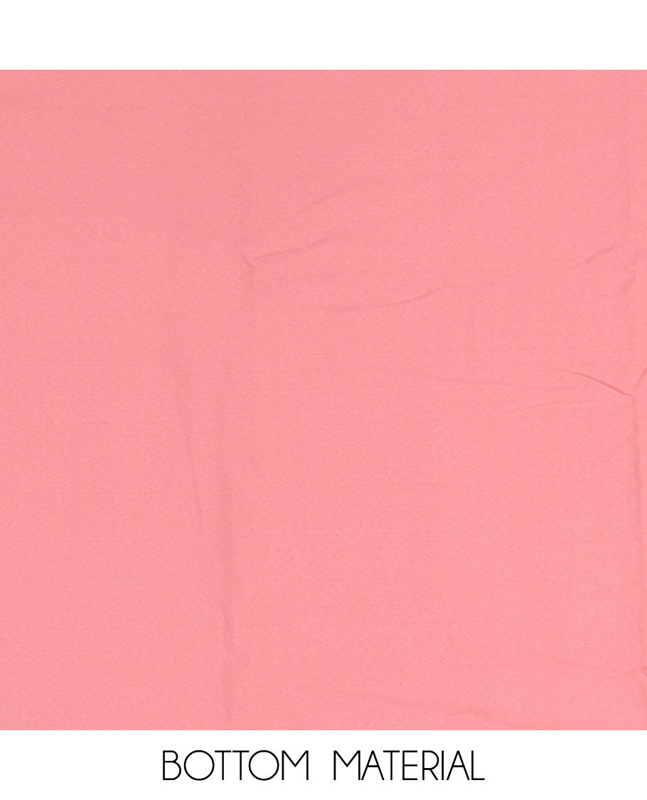 Dark peach material churidar set, stone work with Schiffli style embroidered georgette top, American Crape bottom, and polka dotted printed mirror work dupatta