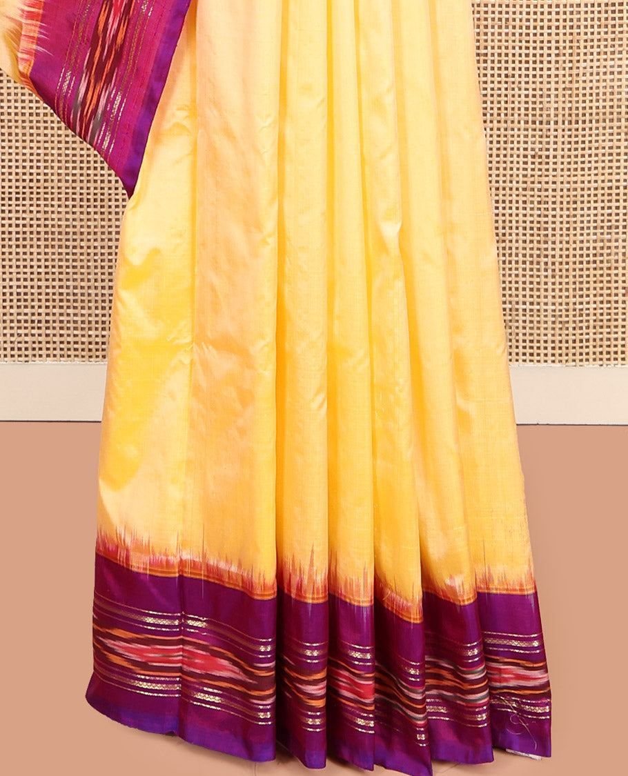 Yellow Plain Pochampally Ikat Silk Saree, Complemented by a Contrast Ikat Textured Border, Ikat Pallu, and No Blouse