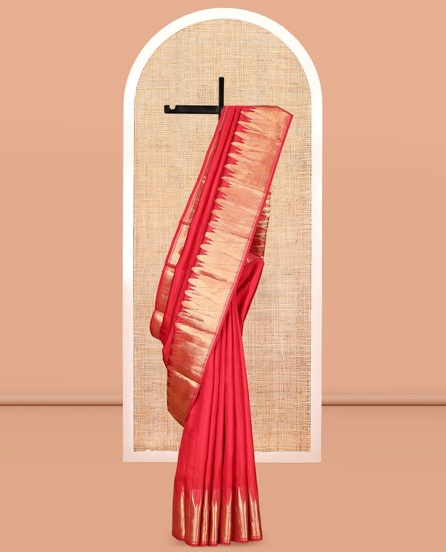 Red Plain Kanchipuram Silk Saree, Highlighted by a Zari Temple Border of Mayil Kann, and Vanki Designs, Grand Jaal Pallu, and Matching Blouse